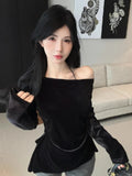 KYLETHOMASW  -  Sexy T Shirts Women Lace Patchwork Backless Irregular Slim Slash Neck Off Shoulder Stretch Crop Tops Spring Fashion Tee