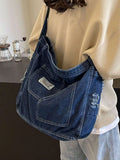 KYLETHOMASW  -  Vintage Faded Blue Slouchy Shoulder Bag For Women, Large Capacity Soft   College Style Fabric Tote Bag With Multiple Pockets