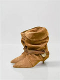 KYLETHOMASW  -  Metal Embellished Nubuck Ankle Boots Women Elegant Kitten-heel Modern Boots Warm Sexy Pointed Toe Western Cowboy Boots Brown