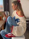 KYLETHOMASW  -  Crewneck Embroidered Fish Knit Crop Sweater Contrast Trim Loose 2025 Autumn Playful Women Chic Top Daily Causal Lady Pullover