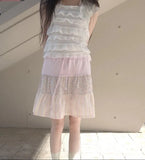 KYLETHOMASW  -  Japanese Floral Print Sweet Knee Length Skirt Women Summer High Waist Lace Up Contrast Color Patchwork Fold A-line Skirt