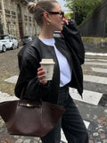 Kylethomasw  -  Fashion Zipper Round Neck Faux Leather Jacke Women Long Sleeved Solid Color Casual Coat 2024 Autumn New Lady Commuting Outerwear