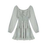 KYLETHOMASW  - Women 2024 Summer New Gray Elegant Ruffles Lace-up Pleated Mini Dress French High Waist Long Sleeves Vacation Short Dress Simple