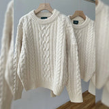 KYLETHOMASW  -  Women Thick Twisted Sweater Autumn Long Sleeve O-neck Female Vintage Knitted Pullover Solid Casual Loose Lady Kintwear Tops T587