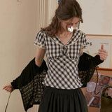 KYLETHOMASW  -  Korean Version Sweet Lace Short Sleeved Doll Retro Lace Navy Collar Plaid Shirt Women Short Cut French Style Shirts