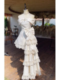 KYLETHOMASW  -  France Elegant Warm Sweet Elegant Slim Off Shoulder Women's Dresses Summer Designer Thin Bow Lace Princess Trailing Dress New