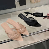 KYLETHOMASW  -  Fashion Pointed Toe Footwear Ladies Heeled Slippers Female Slides Shoes Luxury Rhinestones Women Low Heel Slippers Sandals Shoes