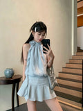 KYLETHOMASW  -   Women Dresses Sleeveless Striped Halter Flowers Ribbon Sweet Elegant Sexy Mini Dress Party Female Fashion Casual