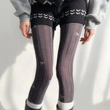 KYLETHOMASW  -  Nighttime Classroom Grey Tights Women's Spring Autumn Style Retro Hollow Vertical Stripe Socks  Knot Printed Base La...