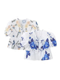 Kylethomasw  Summer Women's Elegant Floral Printed Short Sleeves Shirt Fashion V-neck Bow Lace-up Cropped Top Female Sweet Blouse Top