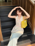 KYLETHOMASW  -  Sweet Floral Hanging Neck V-neck Sleeveless Vest Women Summer 2025 New Style Slimming Waist Trendy Camisole Top