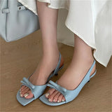 KYLETHOMASW  -  Women White Bowknot Slingback Sandals Summer Square Open Toe Low Heel PU Leather Elegant Casual Office Ladies Shoes