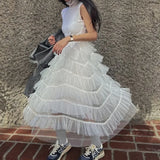 Kylethomasw High Street Fashion Pleated Loose Casual Mid-Length Skirt Women 2024 Summer New Korean Solid Color All Match Mesh A-line Skirt