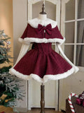 KYLETHOMASW  -  Winter Christmas New Years Sweet 2 Piece Set Women Faux Fur Cape Coats + Short Party Dress Female Chic Korean Popular Clothes