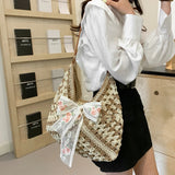 KYLETHOMASW  -  Women Straw Woven Tote Bag Casual Handbag Large Capacity Summer Crochet Shoulder Bag with Bow Patchwork for Outdoor Travel
