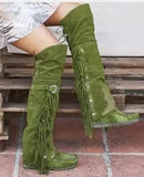 KYLETHOMASW  -  Fashion Bohemia Knee-length Women Boots Ethnic Personality High Boots Tassels Faux Suede Boots Girl Flat Bottom Long Botas Mujer