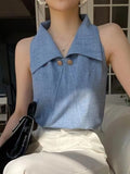 KYLETHOMASW  -  Temperament Lapel Blouse Women Sleeveless Off Shoulder Blue Shirts Office Lady Formal Elegant Fashion Tops Summer Chic