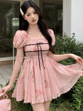 Kylethomasw Sweet Floral Short Dresses for Women Summer New Puff Sleeve Ruffles A-line French Printed Birthday Party Dress Prom Vestido