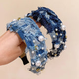Kylethomasw Wide-brimmed Denim Fabric Hair Band for Women Creative Pearl Knotted Headband Fixed Hoop Hairband Girls Hair Accessories