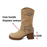 KYLETHOMASW  -  Fashion Women Cow Suede Leather Mid-calf Boots Thick High Heels Autumn Winter Warm High Boots Motorcycle Boots Shoes