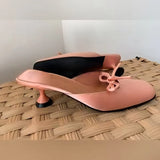 KYLETHOMASW  -  Elegant Blush Satin Square-Toe Shoes Bow Detail Small Stilettos Mule Heel Elegant Minimalist Style New Lady Heels for Daily