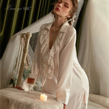 KYLETHOMASW  -  Women White Loose Guaze Long Dresses Fashion V Neck Ruffle Edge Pleated Hem Maxi Robes 2025 Spring Lady Street Daily Casual Wear