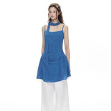 KYLETHOMASW  -  Blue Sleeveless Polka Dot Suspender Skirt with Waist Fashionable Holiday Style Dress Women Summer Sweet Scarf Skirt Chic