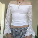 KYLETHOMASW  -  French retro lace patchwork lace one shoulder flared sleeve short top pure desire sexy slim fit versatile long sleeved