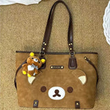 KYLETHOMASW  -  Japanese Sweet Cute Bear Tote Bag Women Brown Leather Large Capacity Shoulder Bag Ladies Cartoon Versatile Preppy Style Handbag