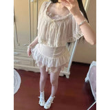 KYLETHOMASW  -  Japanese Daily Casual 3 Piece Matching Suit Women Vintage U Neck Short Sleeve Crop Top Mini Skirt Korean Harajuku Street Outfit