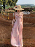 KYLETHOMASW  -  Casual Light Pink Printed Sleeveless Dress Beach Fashion Y2K Vintage Chic Summer French Retro Elegant Chiffon Midi Dress Women