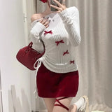 Kylethomasw Spring New Streetwear Lace-up Pleated Bow Patchwork Casual Long Sleeve T-shirt Women + Sexy Slim Mini Skirt Two-piece Suit