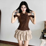 KYLETHOMASW  -  Y2K Elegant Style 2 Piece Set Women Polo-Neck Ruffles Off Shoulder Tank Tops+Ruched Mini Skirts Sweet Girl Street Outfits