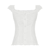 KYLETHOMASW  -  Gentle style V-neck mushroom edge bubble sleeve shirt BM foreign trade new style breasted waist tight short sleeved top