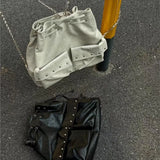 KYLETHOMASW  -  Harajuku Solid Color Chain Backpack Women Drawstring Studded Leather Large Capacity Backpack Ladies Fashion Y2k Mochilas Mujer