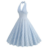 KYLETHOMASW  -  New Hepburn Vintage Blue and White Plaid Holiday Women Summer Dresses Sexy Halter High Waist Fit and Flare Rockabilly Dress
