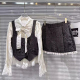 KYLETHOMASW  -  French Elegant Sweet Preppy Style 3 Pieces Set Women Retro Vest + Blouse + Skirts Harajuku Vintage Design Korean Popular Clothes