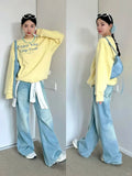 KYLETHOMASW  -  Women Yellow O Neck Long Sleeve Sweatshirt Loose Lazy Casual Classic Simple Top Vintage American Streetwear Harajuku Y2K Hoodie