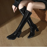 KYLETHOMASW  -  Thick Heel Women Knee High Boots Fashion Silvery Square Toe Autumn Winter Ladies Elegant Mordern Knight Long Booties