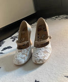 KYLETHOMASW  -  khaki Suede Lace Patchwork Mary Jane Pumps Retro Floral Lace Overlay Ankle Strap Block Heel Elegant Women's High Heels