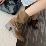 KYLETHOMASW  -  New Mid Heels Chelsea Boots Women Round Toe Square Heel Short Boots Female Autumn Cow Suede Mid-Calf Boots Woman