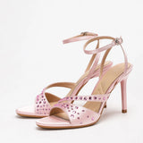 KYLETHOMASW  -  Fashionable round Head Diamond Glitter Sandals Thin Heel Buckle Strap High Heels Breathable Open Toe Luxury Sensation Shoes