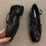KYLETHOMASW  -  Medium Heeled Mary Jane Single Shoes   New Women Shoes Retro Thick Heeled Ballet Shoes Cross Buckle Shallow Soft Sole Shoe