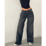 KYLETHOMASW  -  Spring and Autumn Solid Color Loose Jeans Women's Low-rise Wide-leg Pants Multi-Pocket Street Style Washed Jeans American Retro