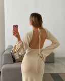 Kylethomasw Sexy Solid Women Ribbed Knit Ruffle Trim Long Dress Long Sleeve Bodycon Party Cocktail Dress Flare Summer Beach Cover Up