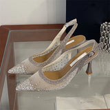 KYLETHOMASW  -  Fashion Stiletto Heeled Sandals Shining Rhinestone Slingback Pumps Mesh Pointed Toe High Heels Elegant Party Ladies Shoe