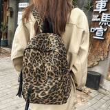 KYLETHOMASW  -  Women's Leopard Print Canvas Backpack Drawstring Decor Adjustable Strap Casual Daily School Travel Bag New Trend Back Pack