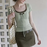 KYLETHOMASW  -  Women's 2-in-1 Lace-up Square Neck T-shirt Slim Fit Knit Short Sleeve Top
