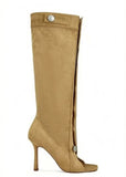 KYLETHOMASW  -  Fashion Retro Style Green Denim Stiletto Heel Knee Boots Full Button Placket Tall Shaft Open Toe Design Casual Boots for Daily