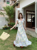 KYLETHOMASW  -  Chiffon Floral Ruffles Dress Women Elegant Flying Sleeve Dress Sweet Slim A Line V Neck Summer Lace Up Lady Vintage Vestidos